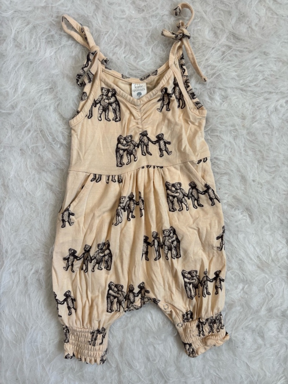 kate quinn Cream Tie-Shoulder Romper with Teddy Bear Print